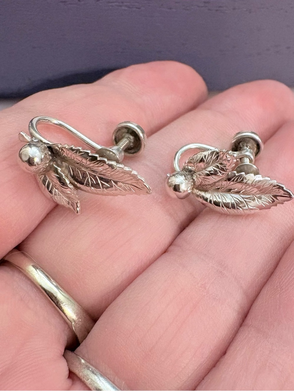 DANECRAFT 925 Sterling Silver Antique Art Deco Leaf Screw Back Earrings FIRM - Picture 5 of 10